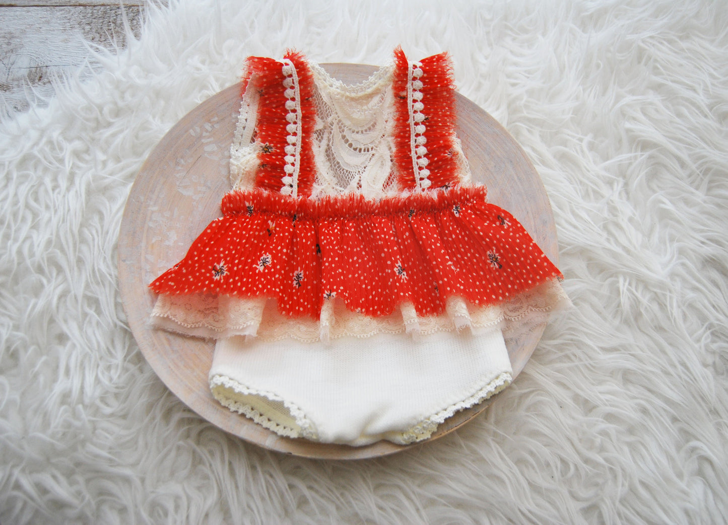 Sitter outfit photo prop for baby girls | Red lace baby girl romper with ruffles for photography shoots | Sitter romper photo prop