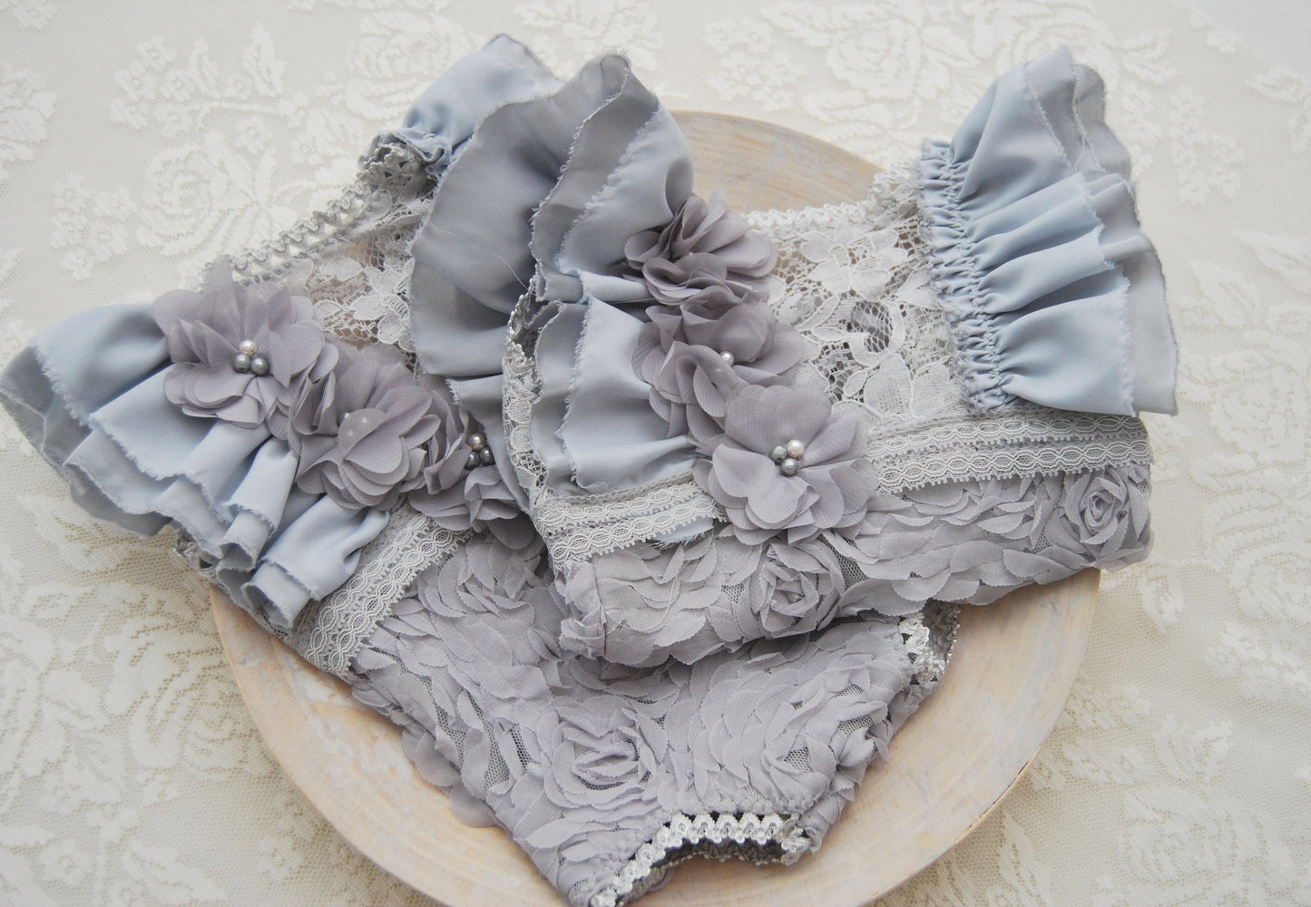 Newborn romper and headband, baby girl photo prop, gray lace romper with ruffles