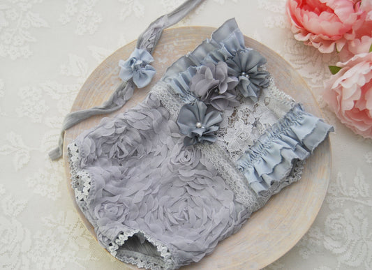 Newborn romper and headband, baby girl photo prop, gray lace romper with ruffles