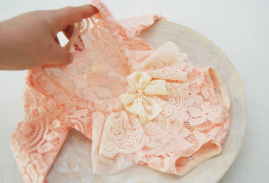 Newborn romper and headband set photo prop - lace baby romper - coral pink