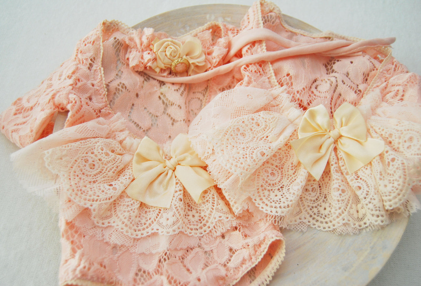 Newborn romper and headband set photo prop - lace baby romper - coral pink