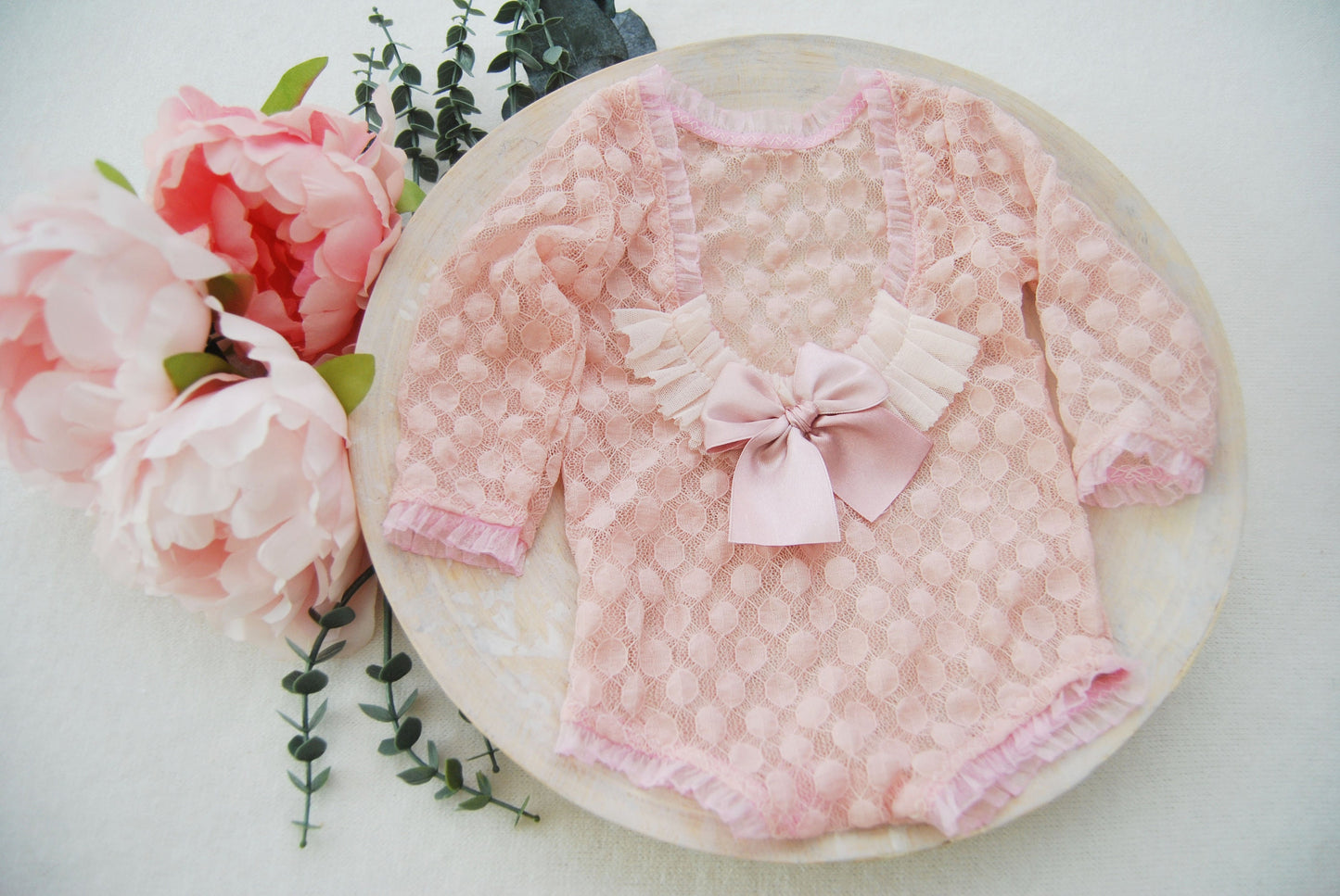 Newborn photo prop, pink newborn romper for first photo shoot, lace baby girl outfit