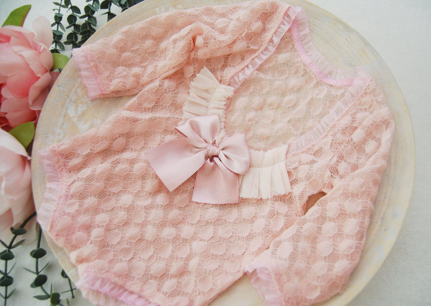 Newborn photo prop, pink newborn romper for first photo shoot, lace baby girl outfit