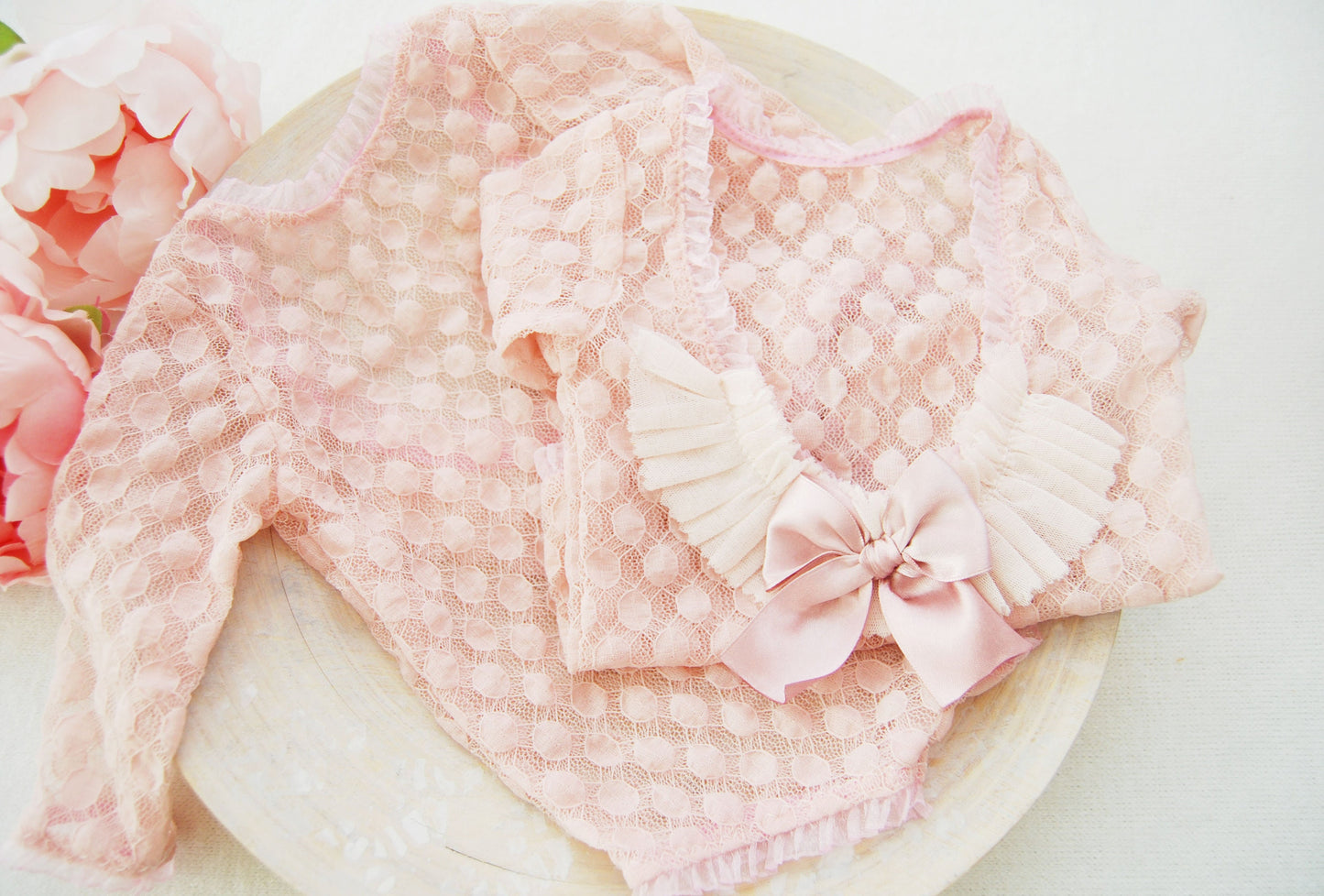 Newborn photo prop, pink newborn romper for first photo shoot, lace baby girl outfit