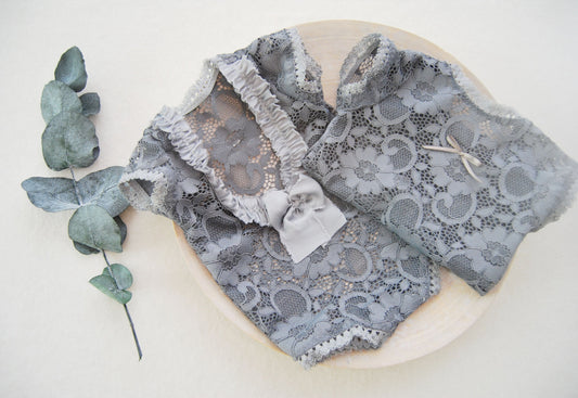 Lace baby girl outfit, newborn romper gray color, newborn photo prop