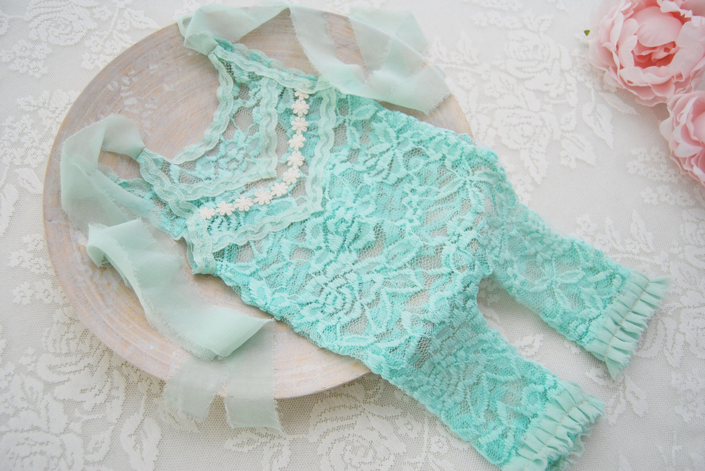 Lace newborn romper photography prop, mint baby girl outfit photo prop