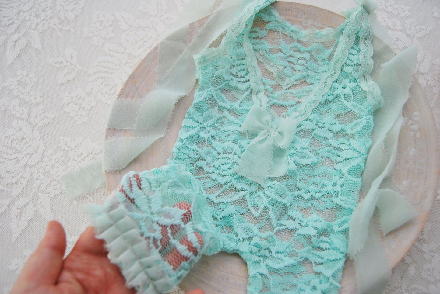 Lace newborn romper photography prop, mint baby girl outfit photo prop