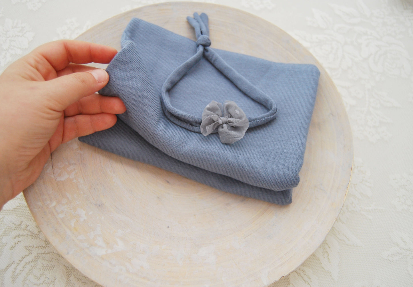 OOAK newborn photo prop set: fabric wraps, knitted bonnet, bow headband, dark blue baby props