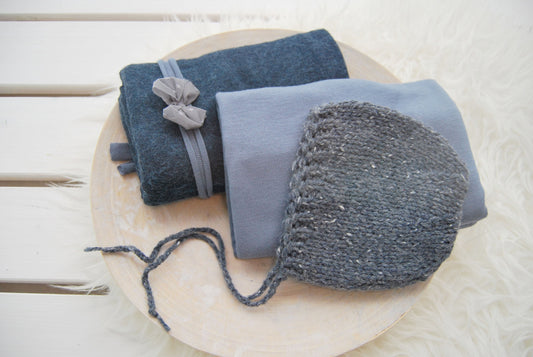 OOAK newborn photo prop set: fabric wraps, knitted bonnet, bow headband, dark blue baby props