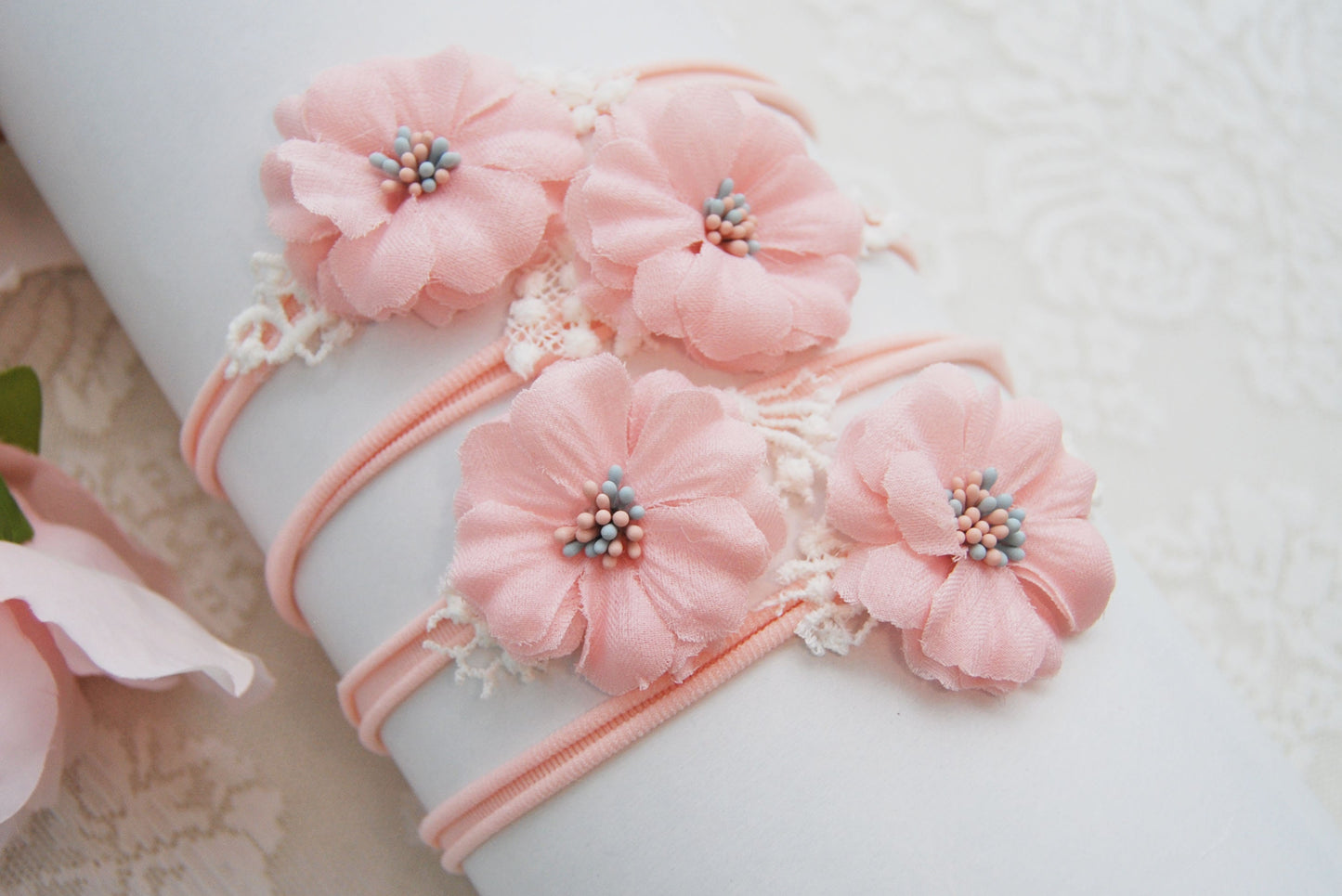 Newborn headband photo prop, pink flower headband for baby girls