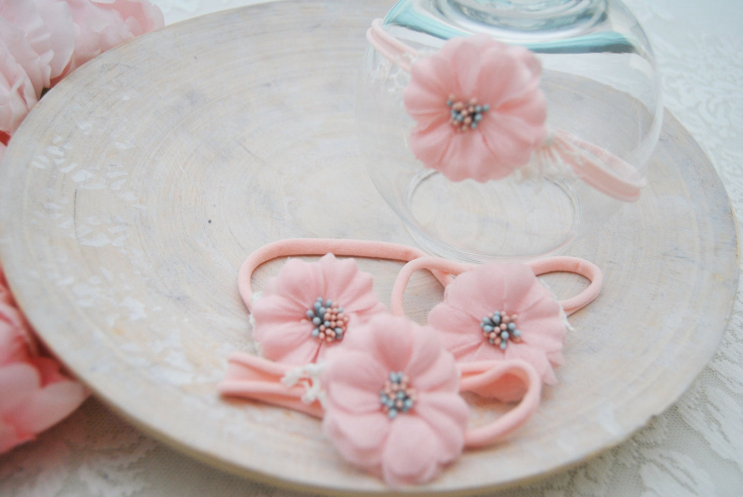 Newborn headband photo prop, pink flower headband for baby girls