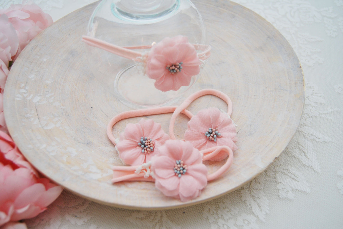 Newborn headband photo prop, pink flower headband for baby girls