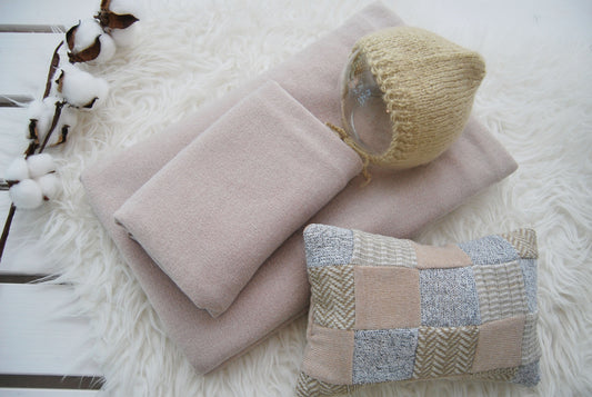 Newborn photo prop SET: knit fabric backdrop, fabric wrap, angora bonnet, posing pillow