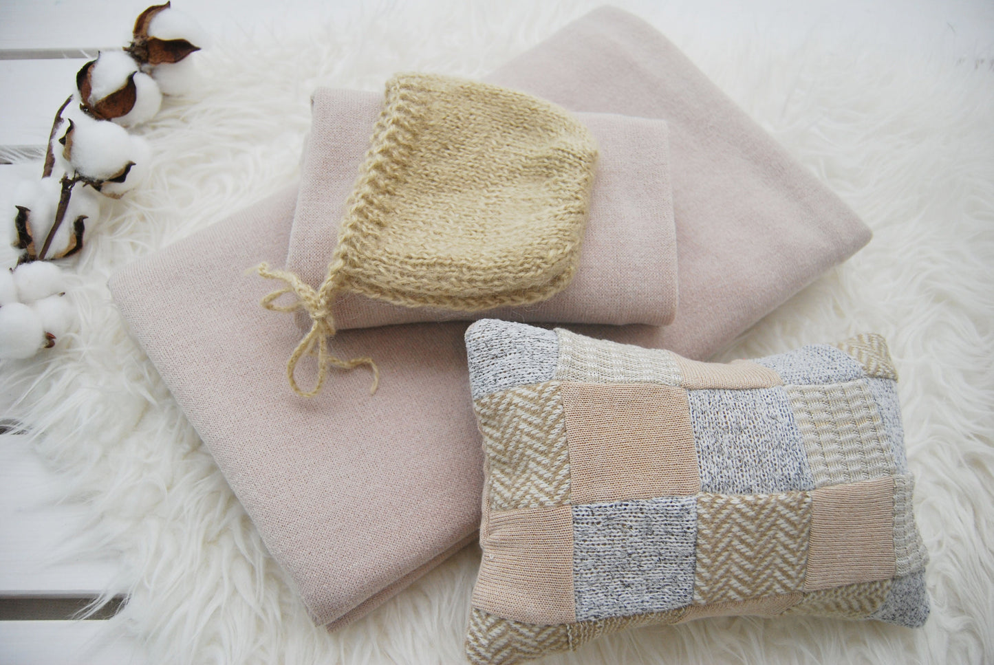 Newborn photo prop SET: knit fabric backdrop, fabric wrap, angora bonnet, posing pillow