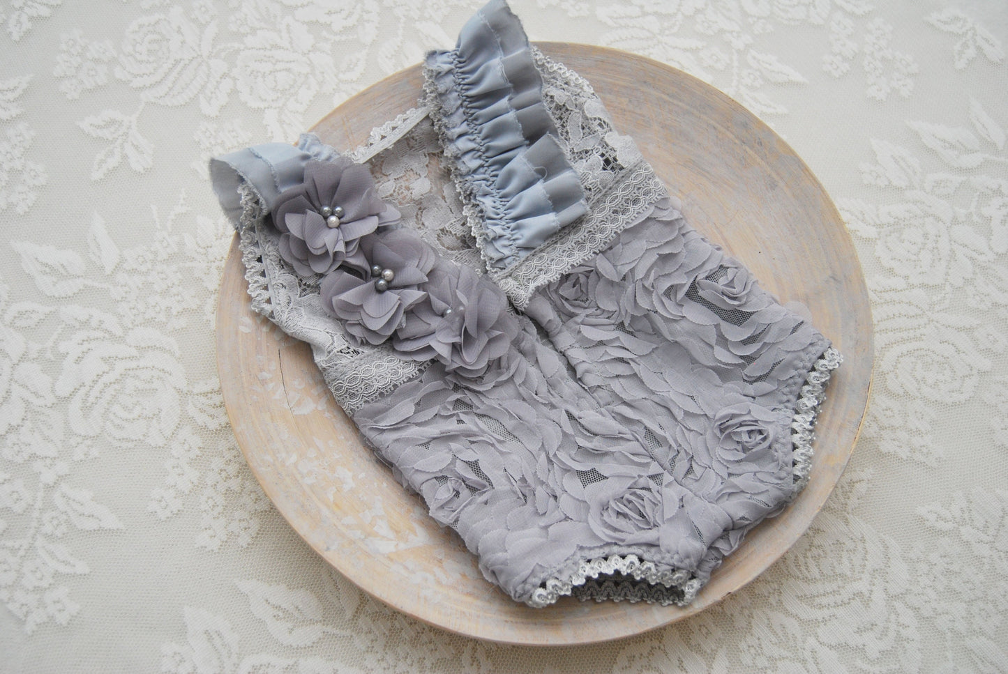 Newborn romper and headband, baby girl photo prop, gray lace romper with ruffles