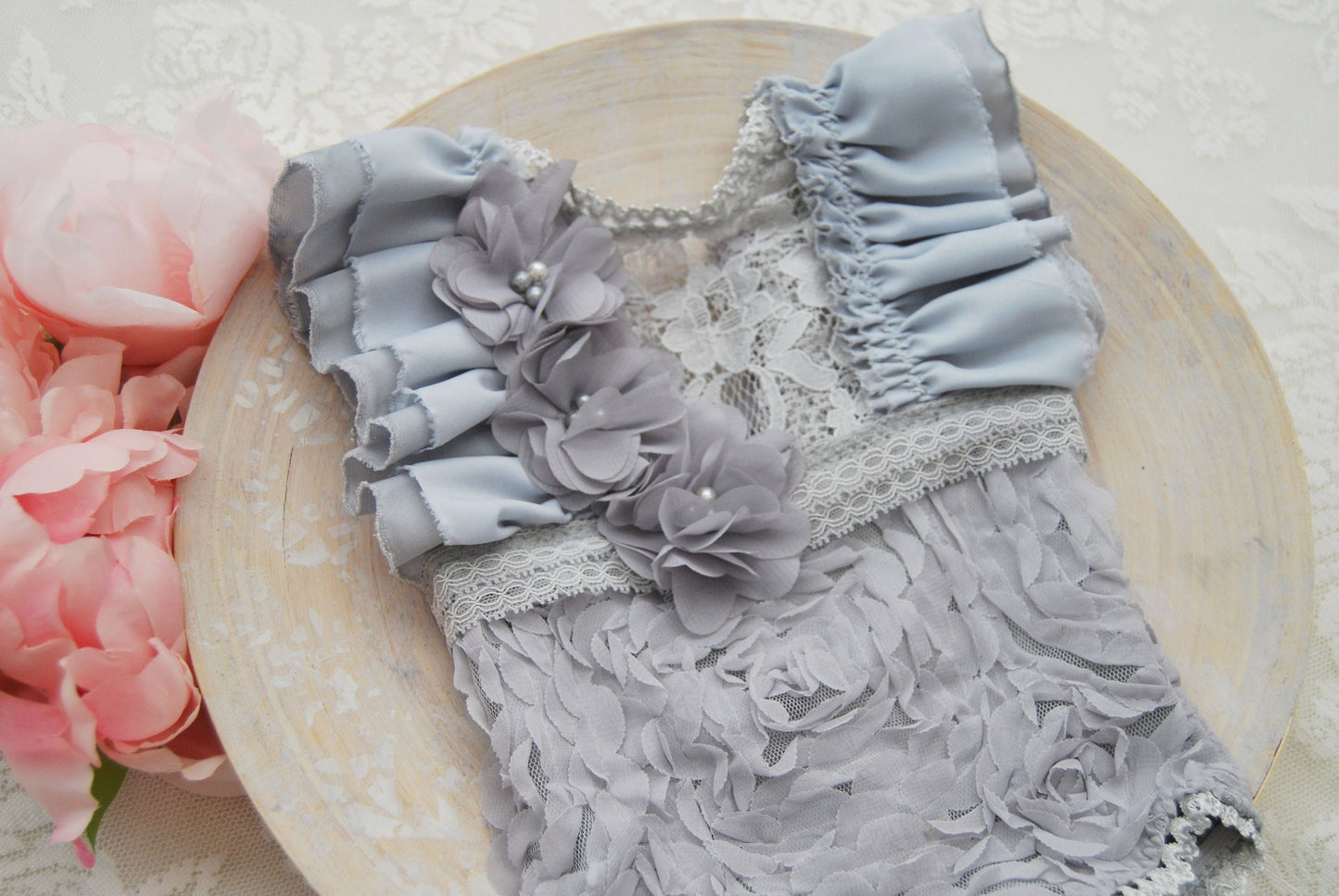 Newborn romper and headband, baby girl photo prop, gray lace romper with ruffles