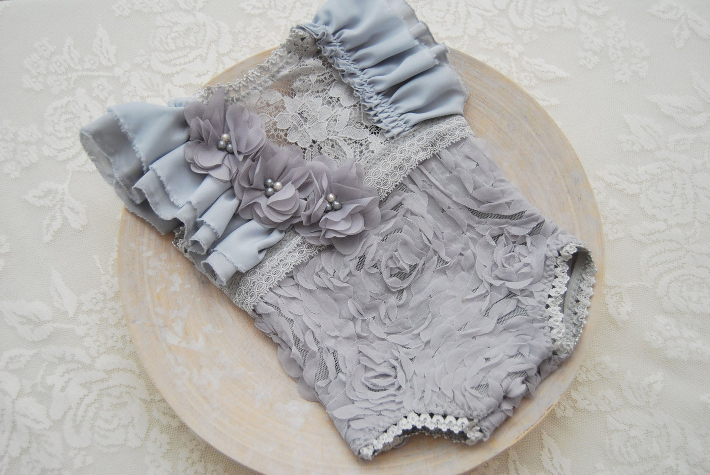 Newborn romper and headband, baby girl photo prop, gray lace romper with ruffles