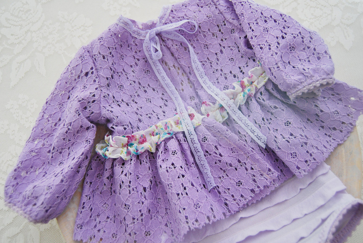 Newborn girl outfit for photography: lace top and panties, purple newborn photo prop set