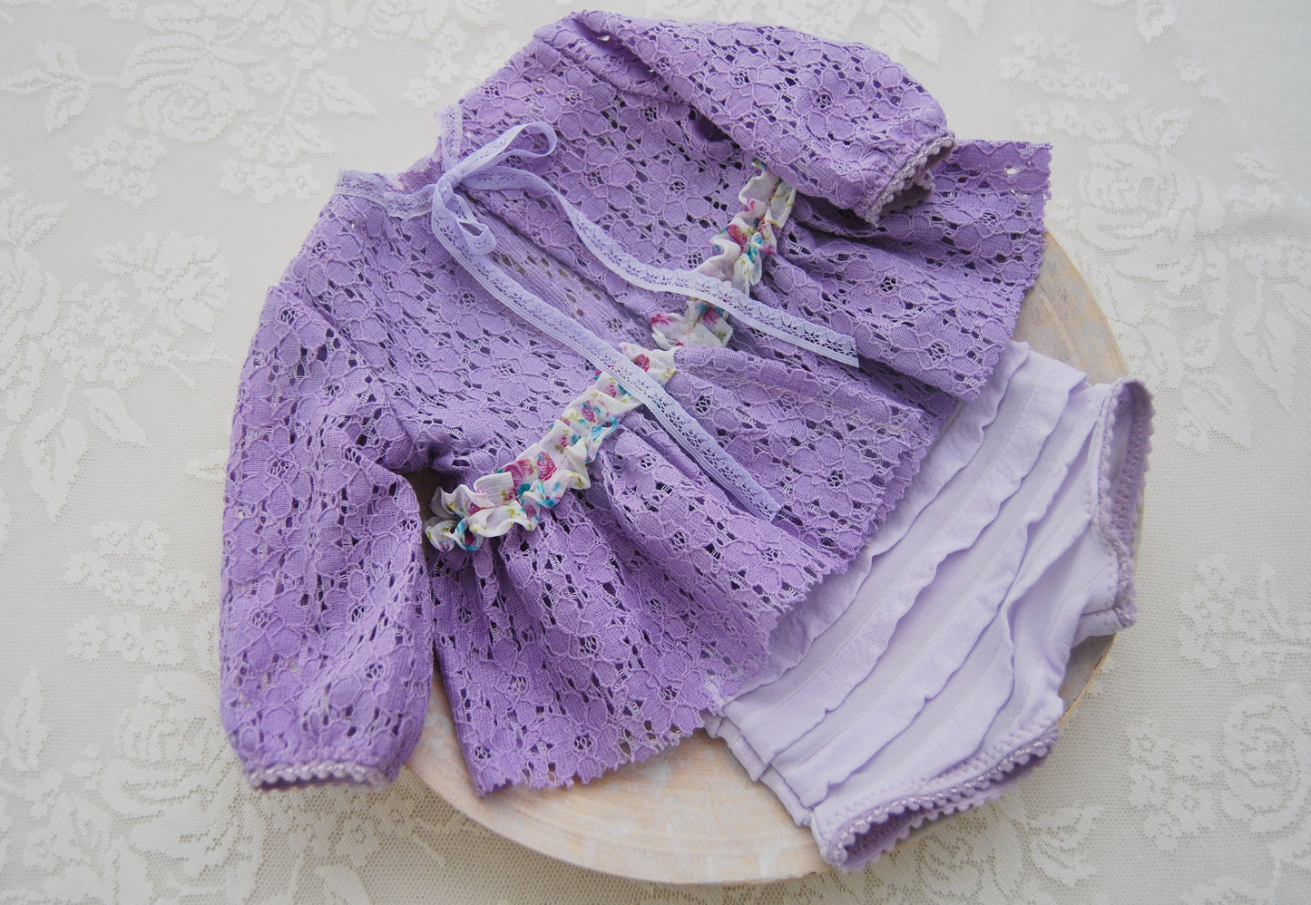 Newborn girl outfit for photography: lace top and panties, purple newborn photo prop set