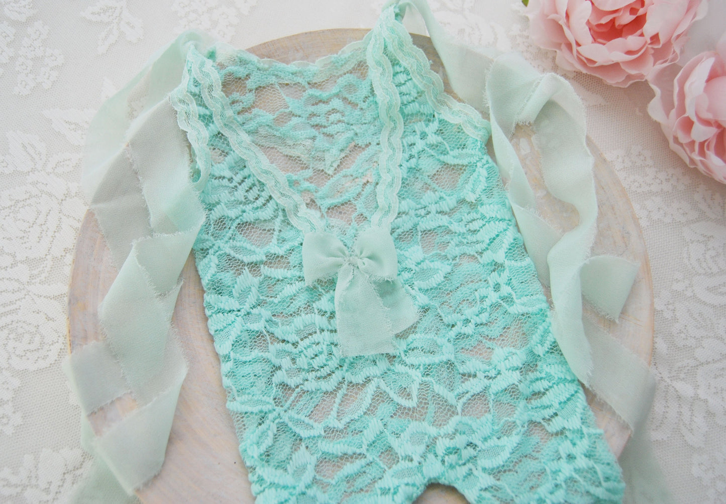 Lace newborn romper photography prop, mint baby girl outfit photo prop