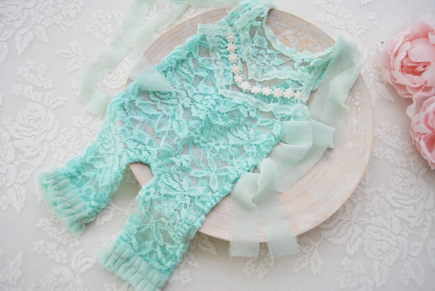 Lace newborn romper photography prop, mint baby girl outfit photo prop