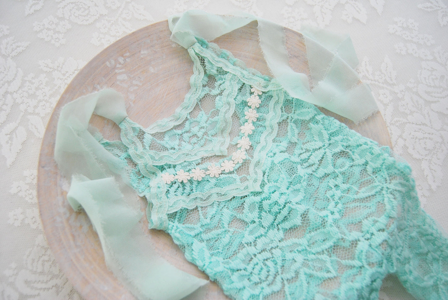 Lace newborn romper photography prop, mint baby girl outfit photo prop