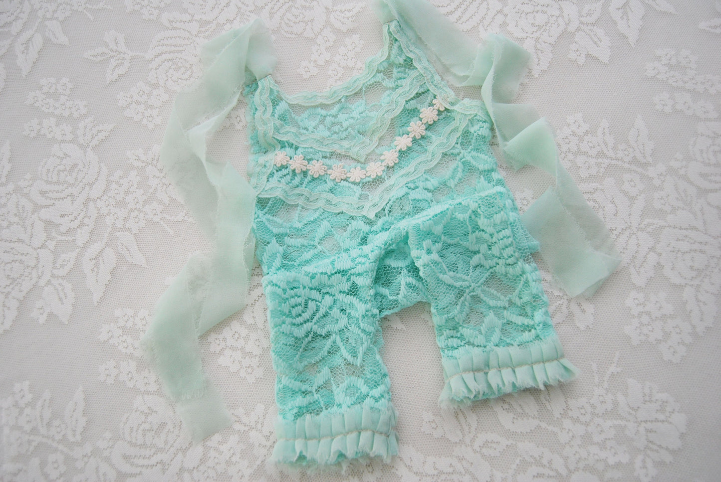 Lace newborn romper photography prop, mint baby girl outfit photo prop