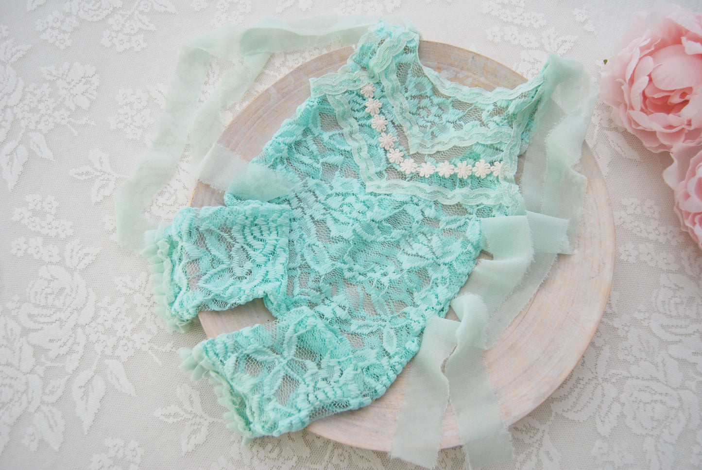 Lace newborn romper photography prop, mint baby girl outfit photo prop