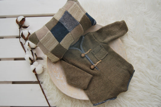 Newborn boy romper and pillow set for photography, brown blue baby boy outfit photo prop