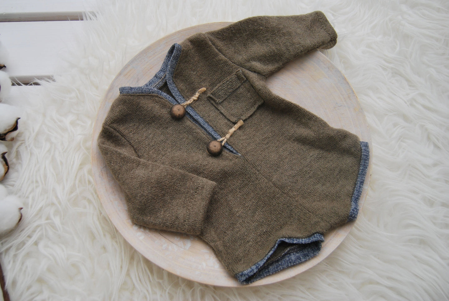 Newborn boy romper and pillow set for photography, brown blue baby boy outfit photo prop