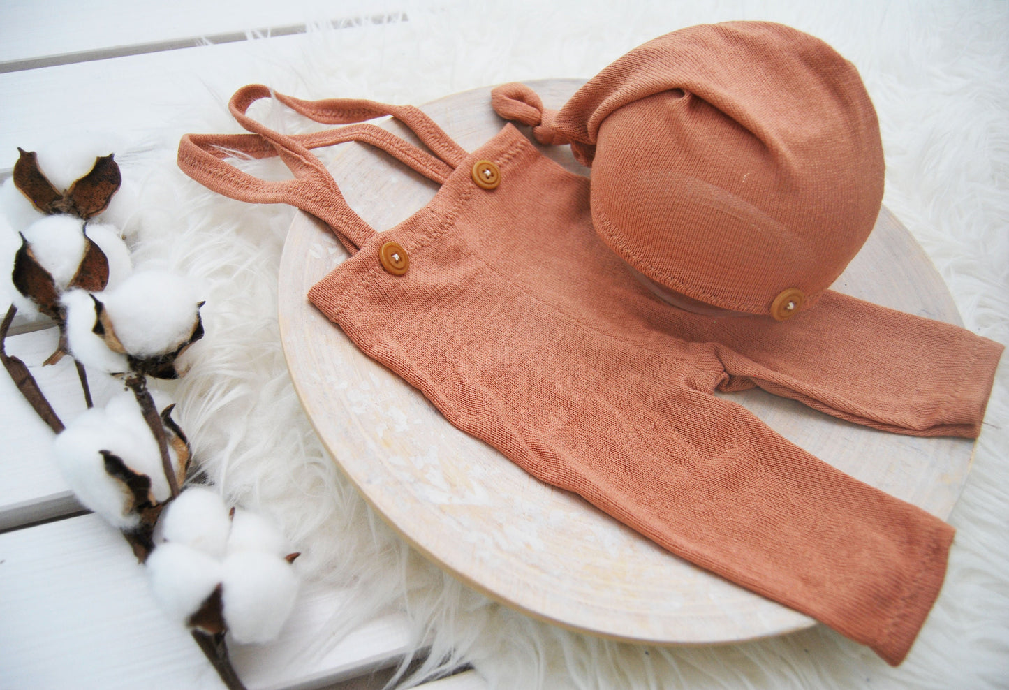 Newborn photo prop set for baby boys: suspender pants, sleepy hat, posing pillow