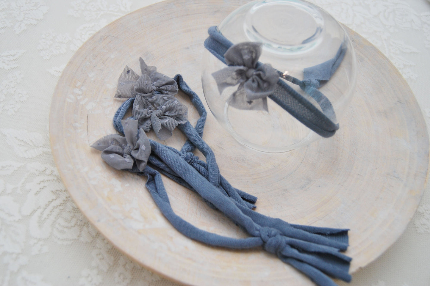 OOAK newborn photo prop set: fabric wraps, knitted bonnet, bow headband, dark blue baby props