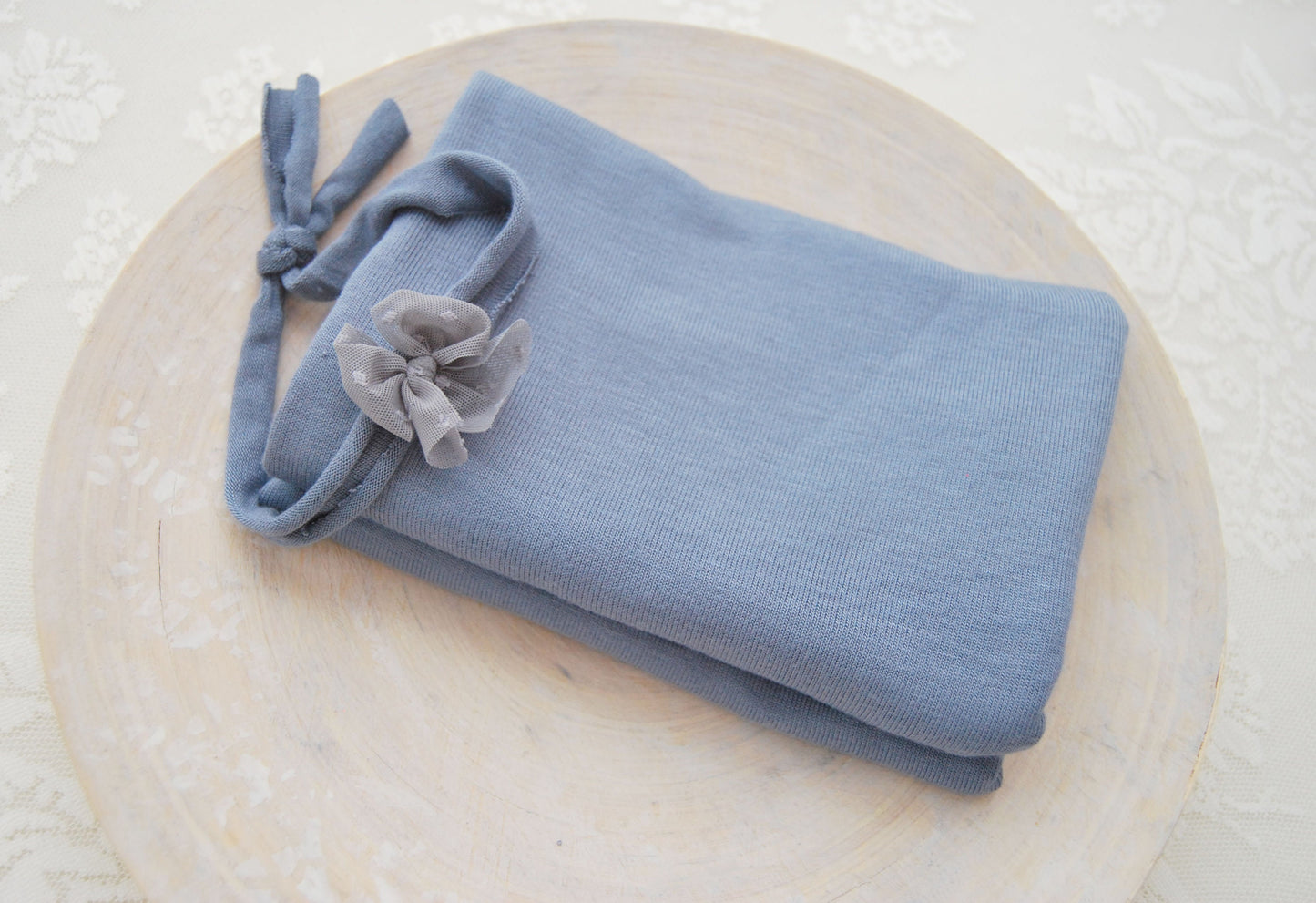 OOAK newborn photo prop set: fabric wraps, knitted bonnet, bow headband, dark blue baby props