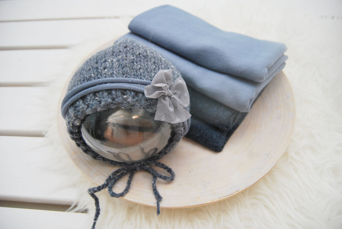 OOAK newborn photo prop set: fabric wraps, knitted bonnet, bow headband, dark blue baby props