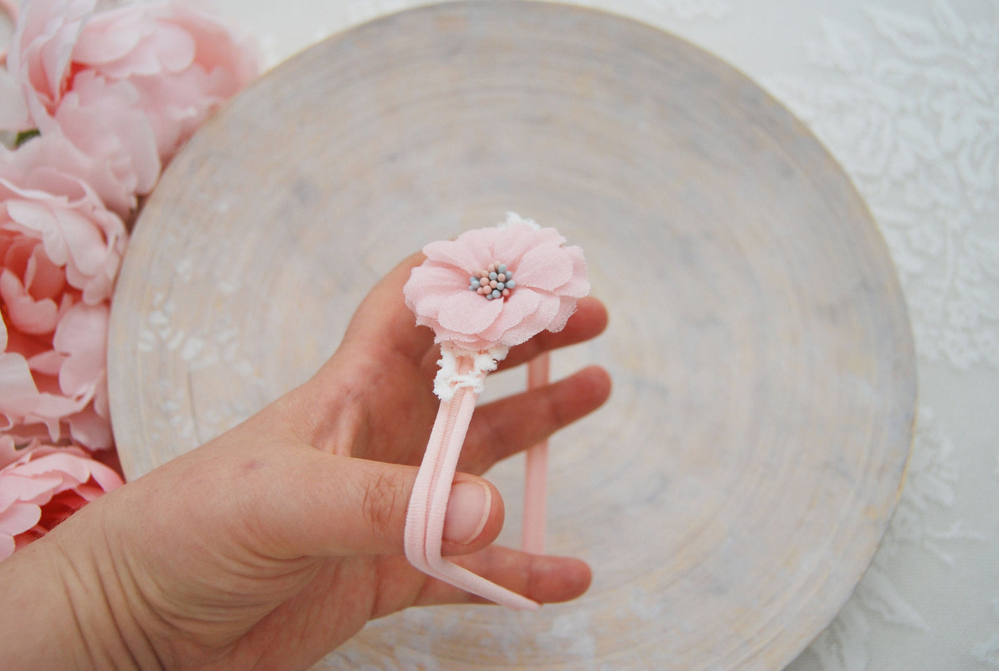 Newborn headband photo prop, pink flower headband for baby girls