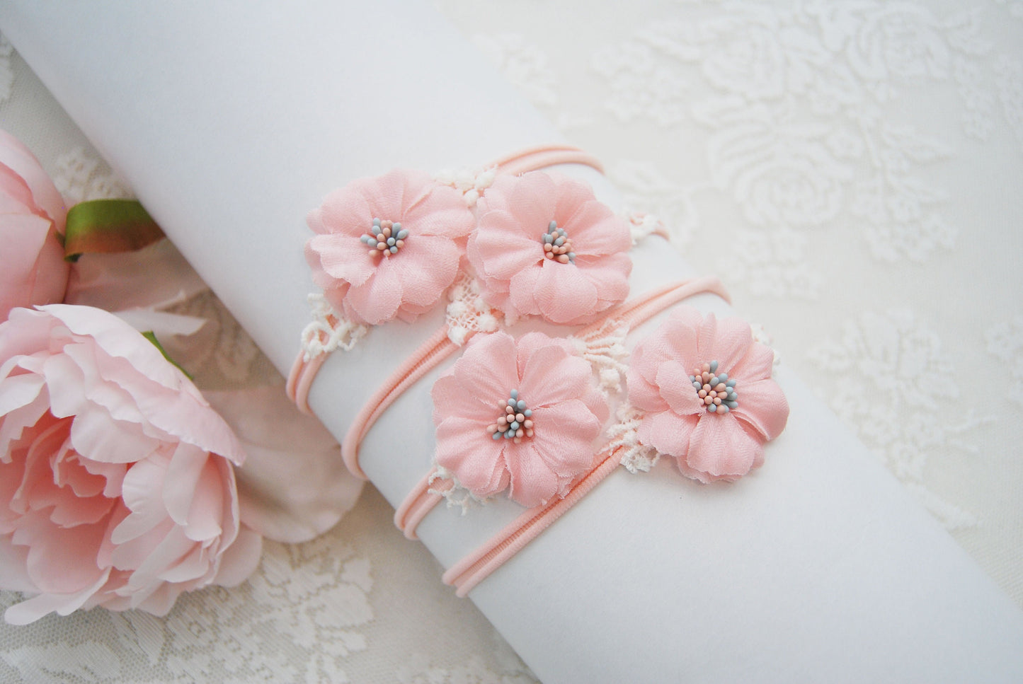 Newborn headband photo prop, pink flower headband for baby girls