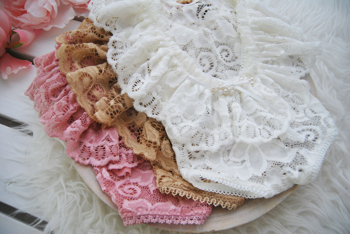 Lace romper newborn photo prop, golden beige baby girl romper with ruffles, newborn photography prop