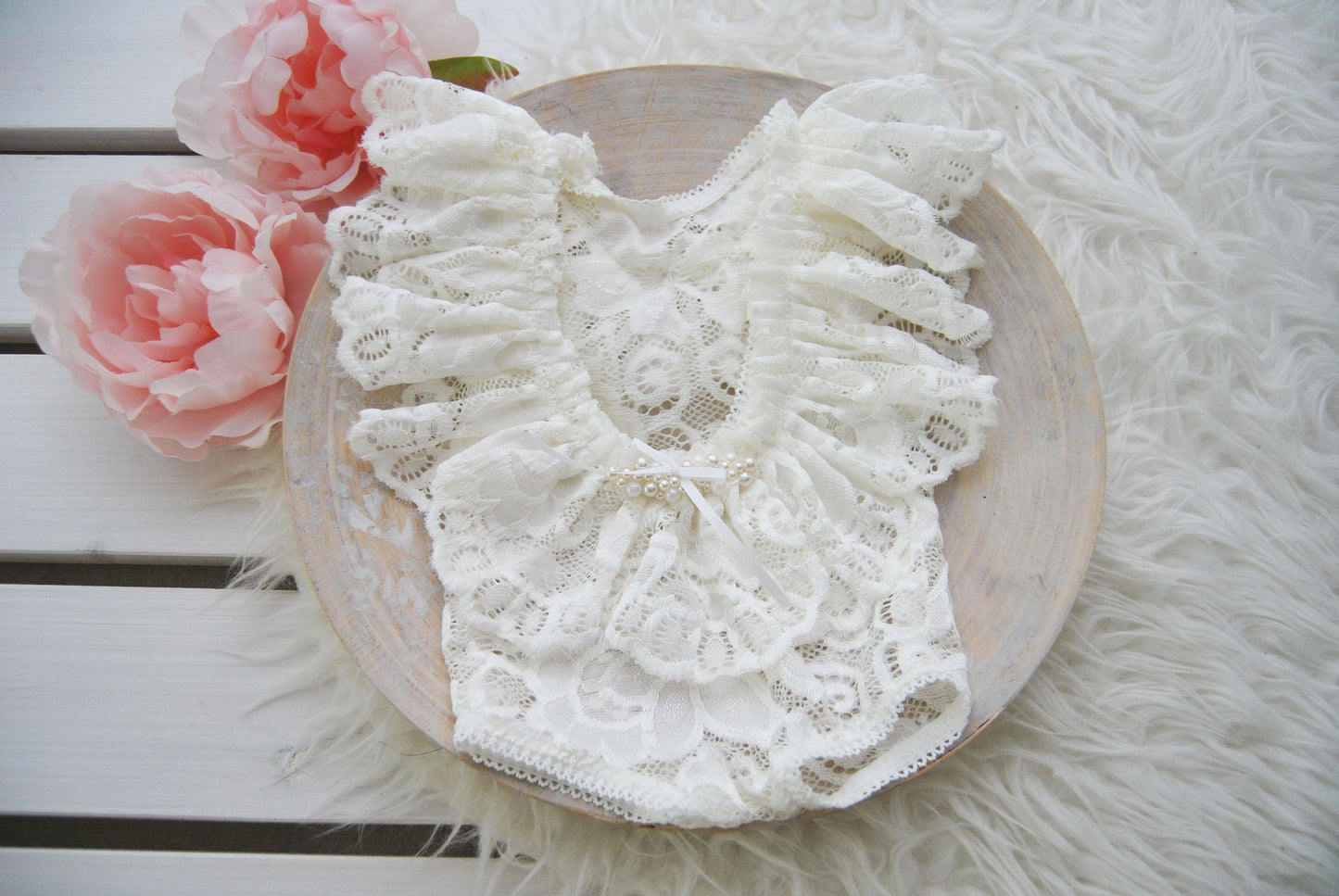 Newborn girl romper, photo prop outfit, WHITE baby girl dress with ruffles