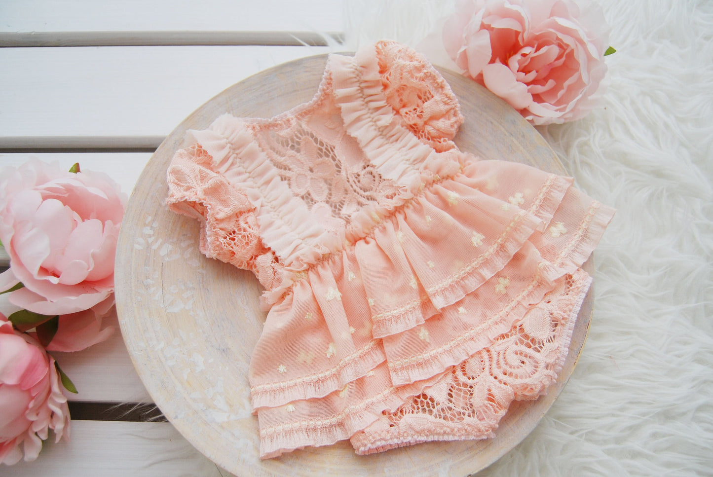 Newborn girl dress for photography, newborn photo prop romper, pink lace ruffled romper