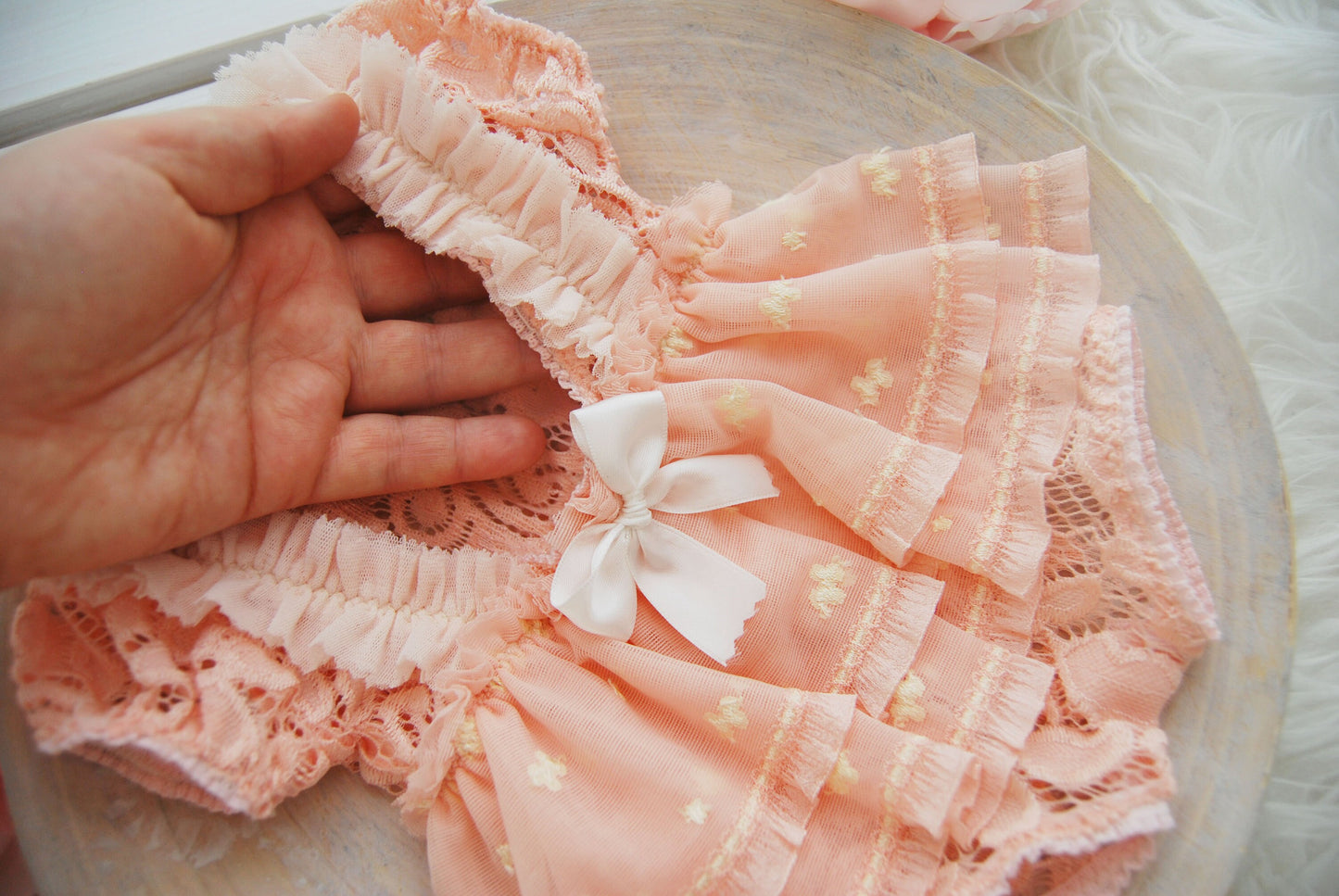 Newborn girl dress for photography, newborn photo prop romper, pink lace ruffled romper