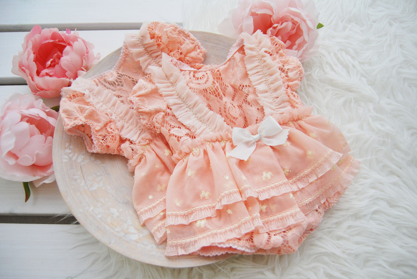 Newborn girl dress for photography, newborn photo prop romper, pink lace ruffled romper