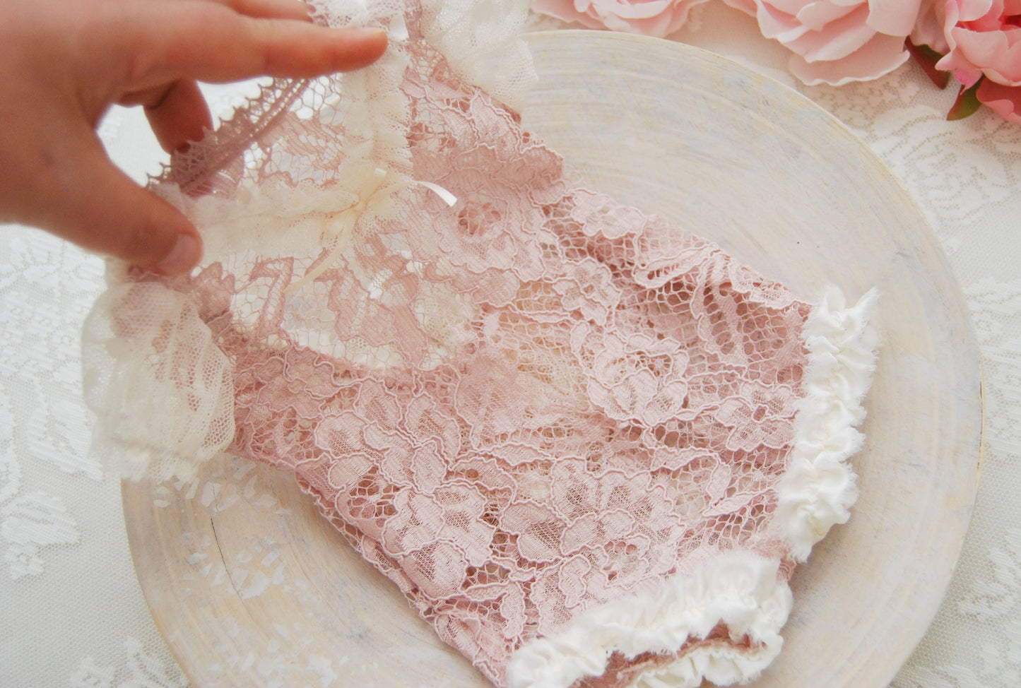 Pink newborn romper, lace baby girl outfit for newborn photography shoots