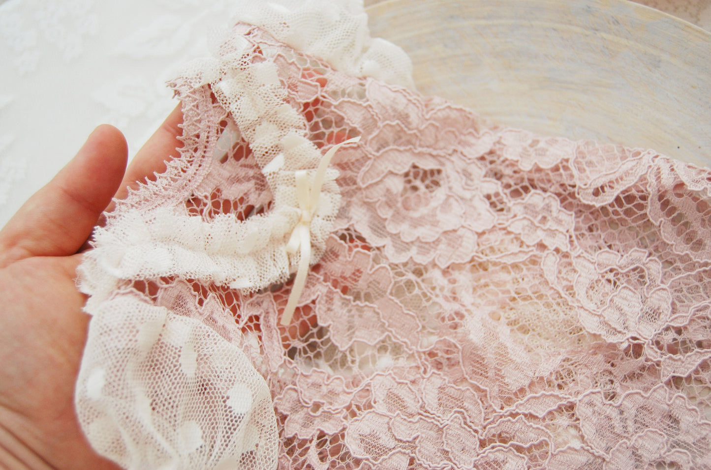 Pink newborn romper, lace baby girl outfit for newborn photography shoots