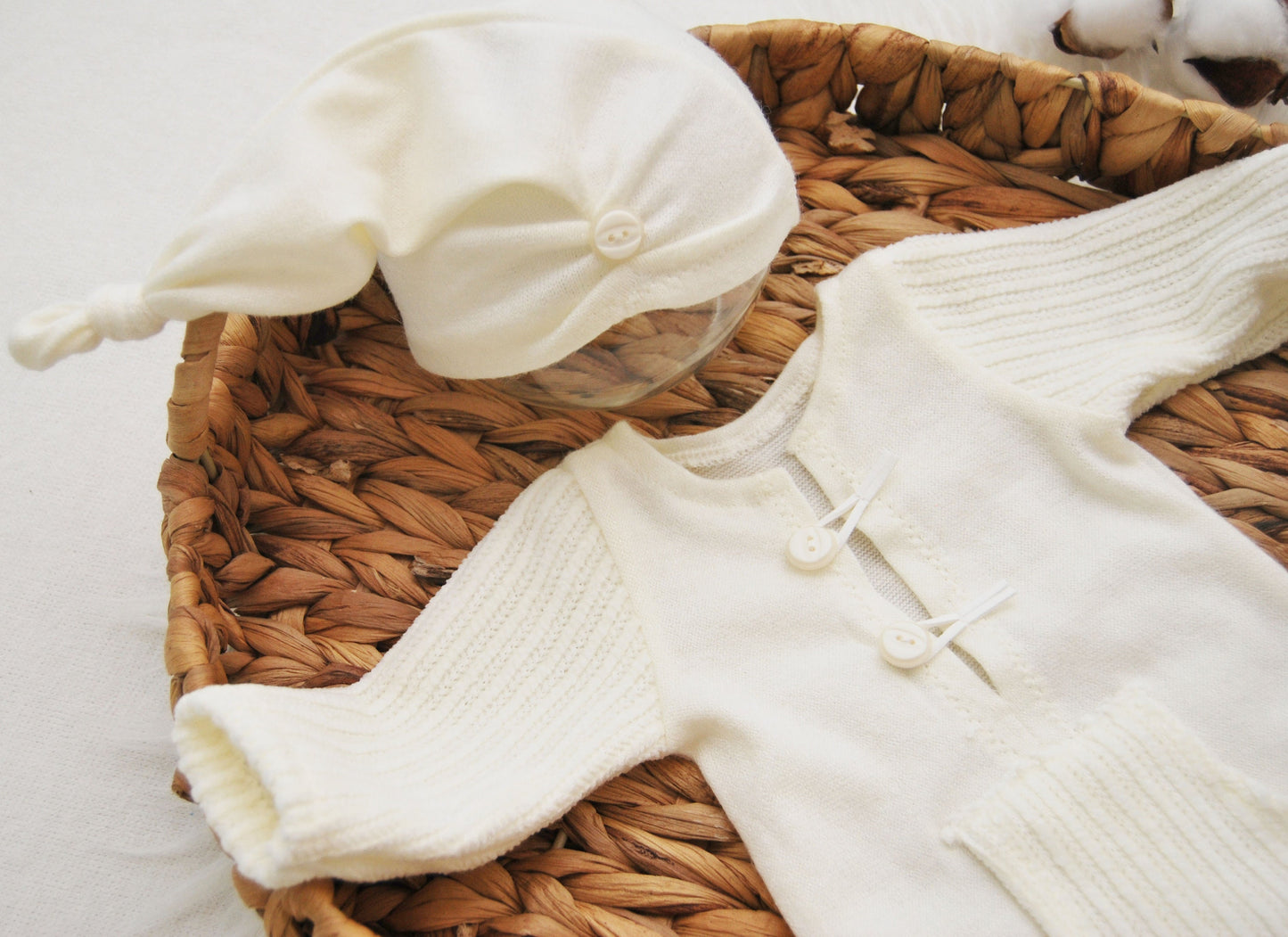 White newborn photo prop set: romper and hat, newborn boy outfit