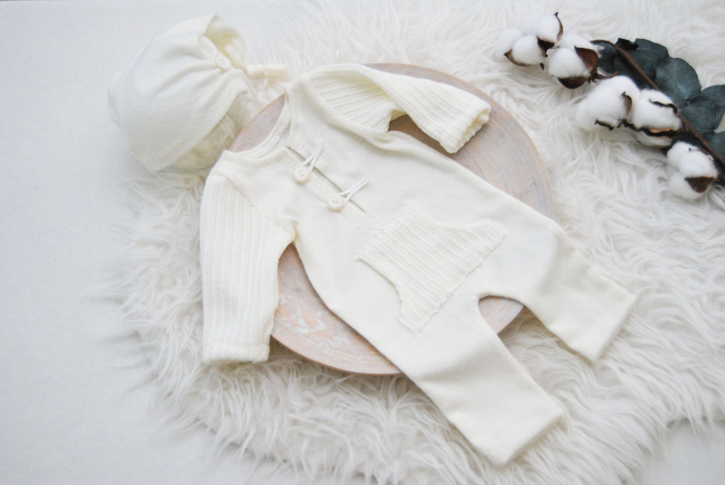 White newborn photo prop set: romper and hat, newborn boy outfit