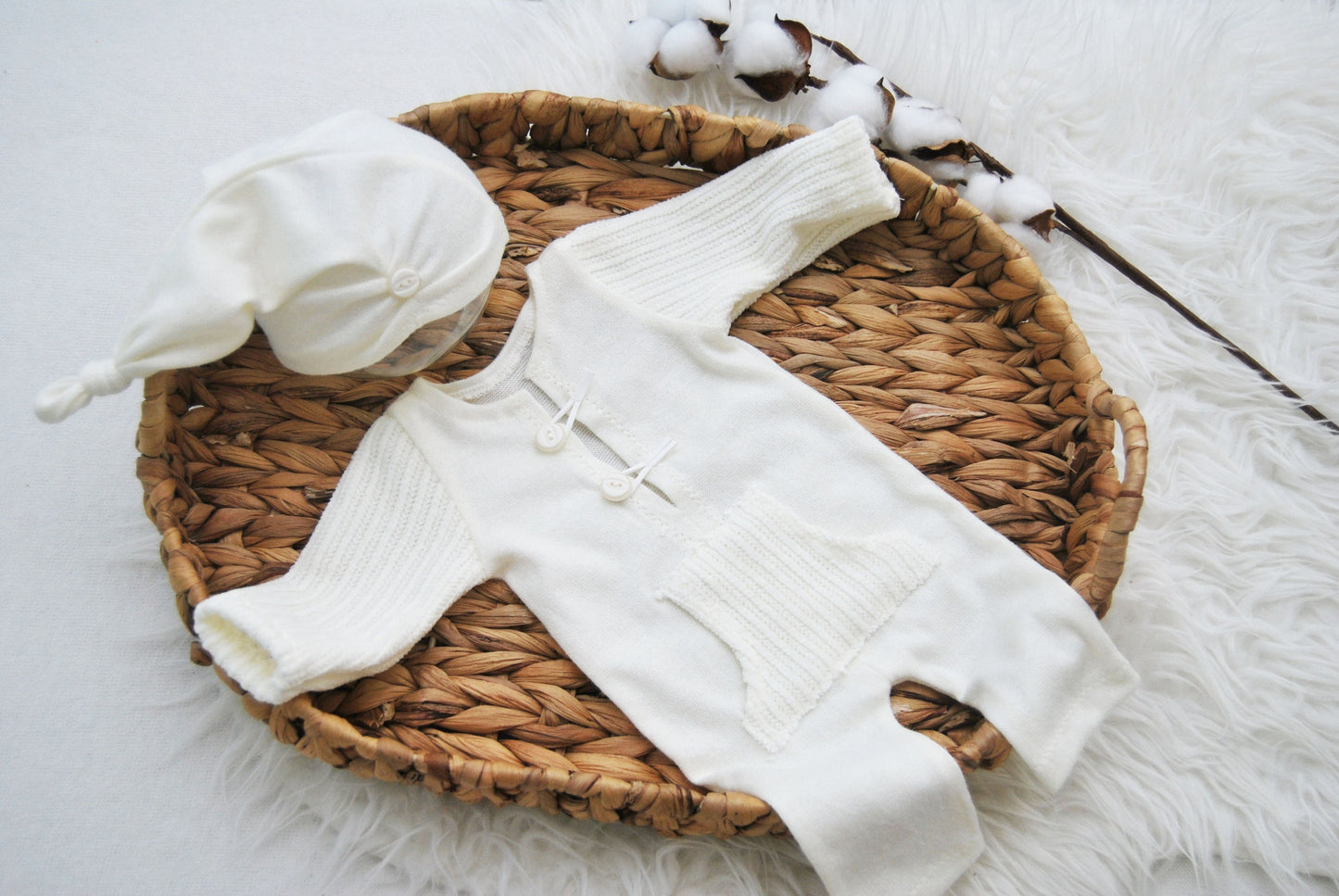 White newborn photo prop set: romper and hat, newborn boy outfit