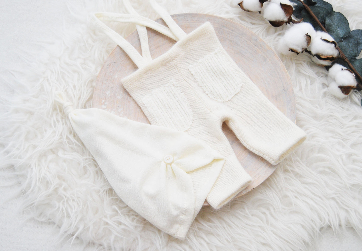 Newborn boy pants and hat set for photography, ivory newborn photo prop outfit