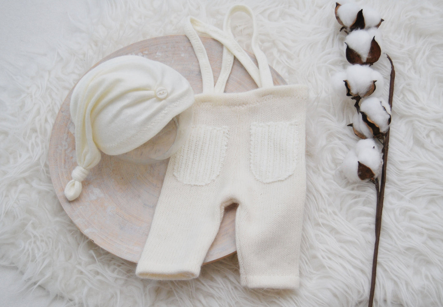 Newborn boy pants and hat set for photography, ivory newborn photo prop outfit