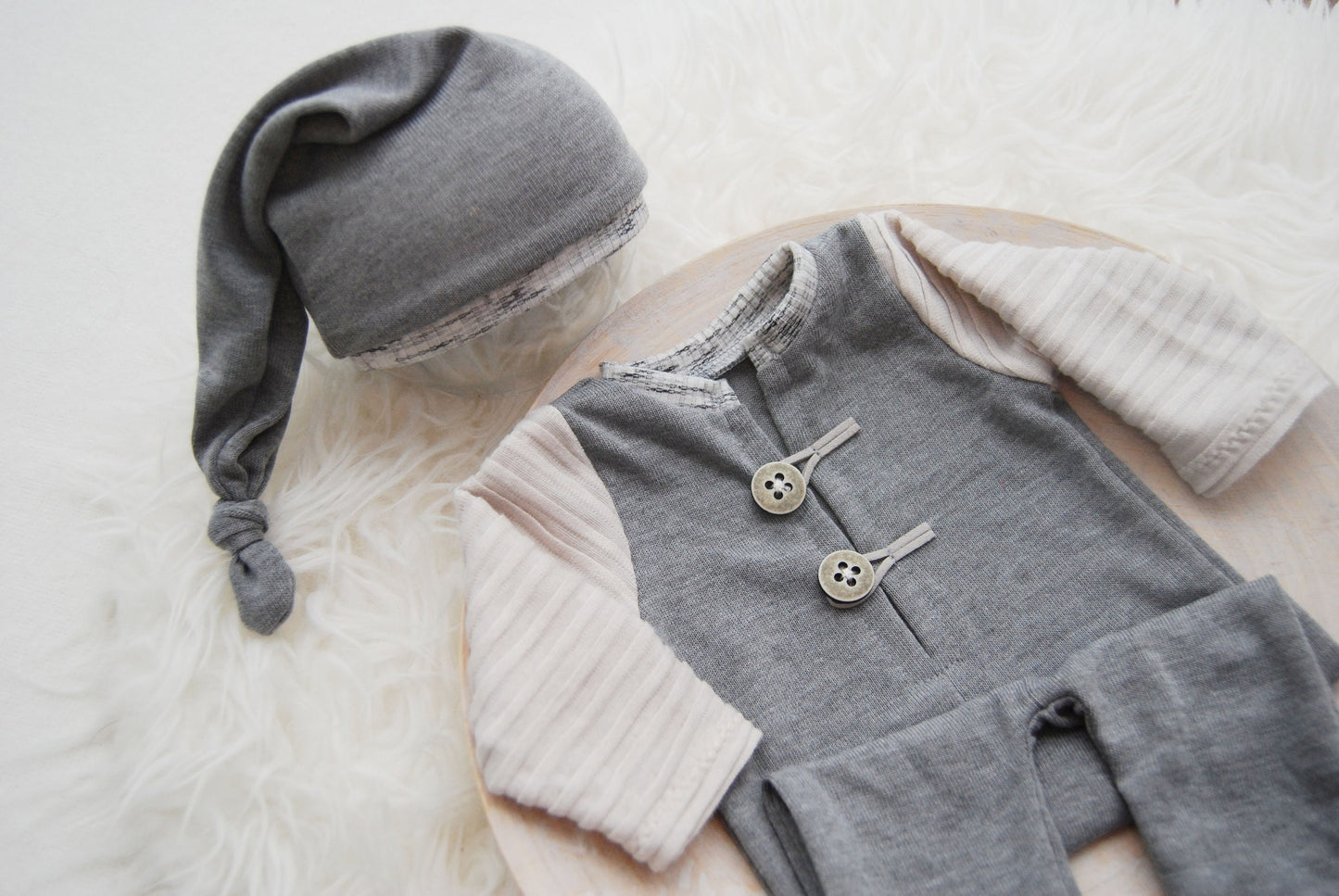 Gray photo prop, newborn romper and sleepy hat, photography outfit for baby boys