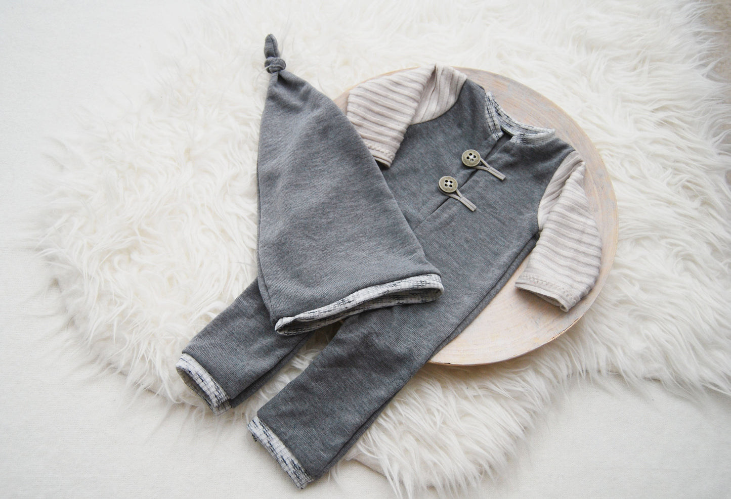 Gray photo prop, newborn romper and sleepy hat, photography outfit for baby boys